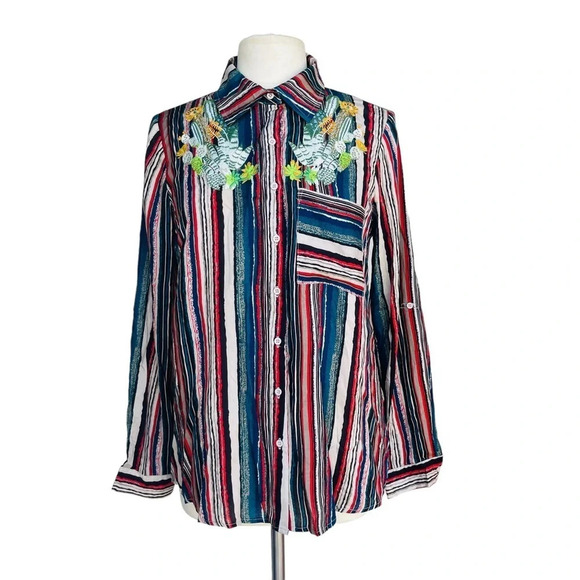 ANDREE BY UNIT Women’s S Stripe Exquisite Embroidery Cactus Roll Tab Sleeve Top - Picture 1 of 2